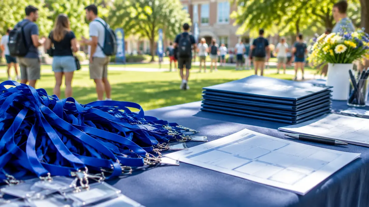 An orientation week welcome table with lanyards on a campus lawn, the world behind Rice Purity Tester