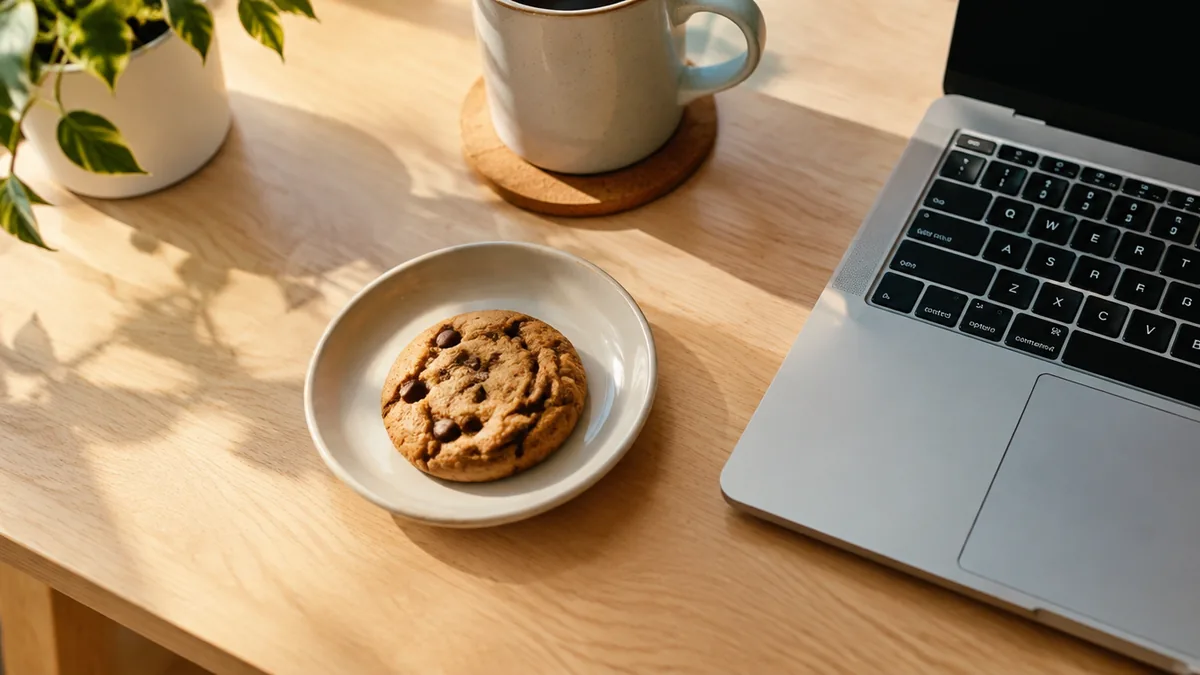A chocolate chip cookie beside a laptop, the Rice Purity Tester cookie policy