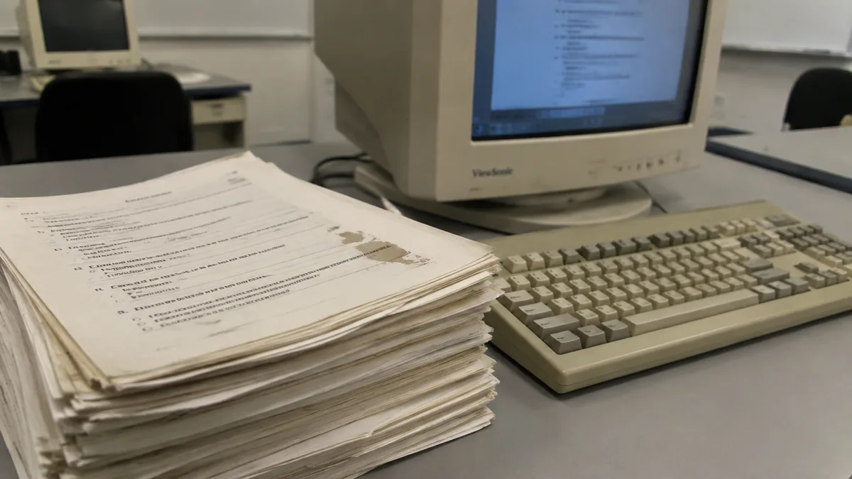 Old photocopied purity test questionnaires beside a 1990s computer in a university lab