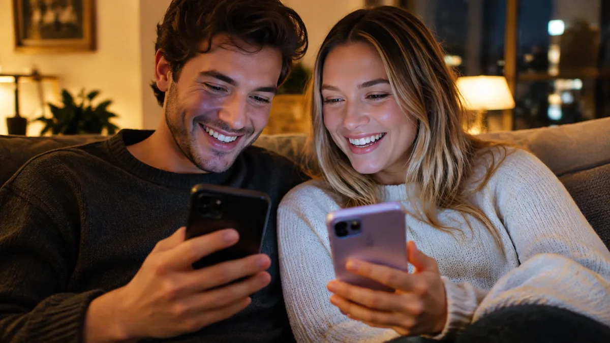 A young couple comparing two phones side by side, taking the rice purity test for couples