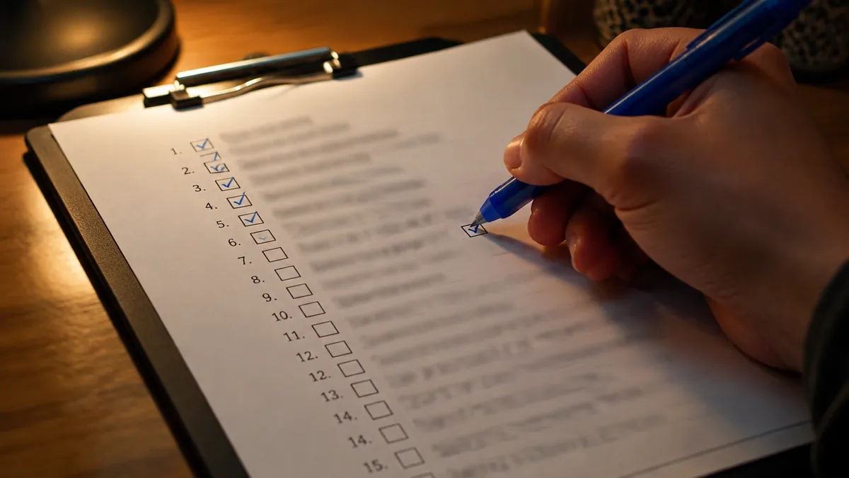 A hand ticking boxes on a printed checklist of the rice purity test questions