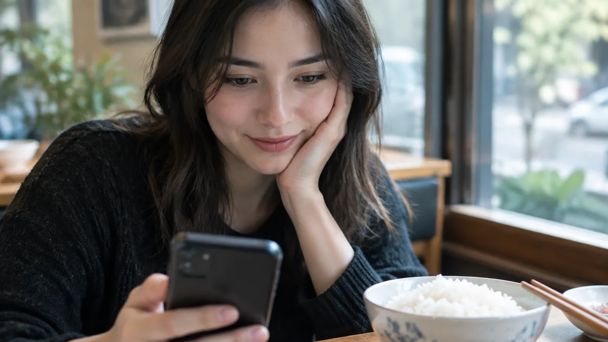 A student at a cafe table reading her rice purity test score meaning on her phone